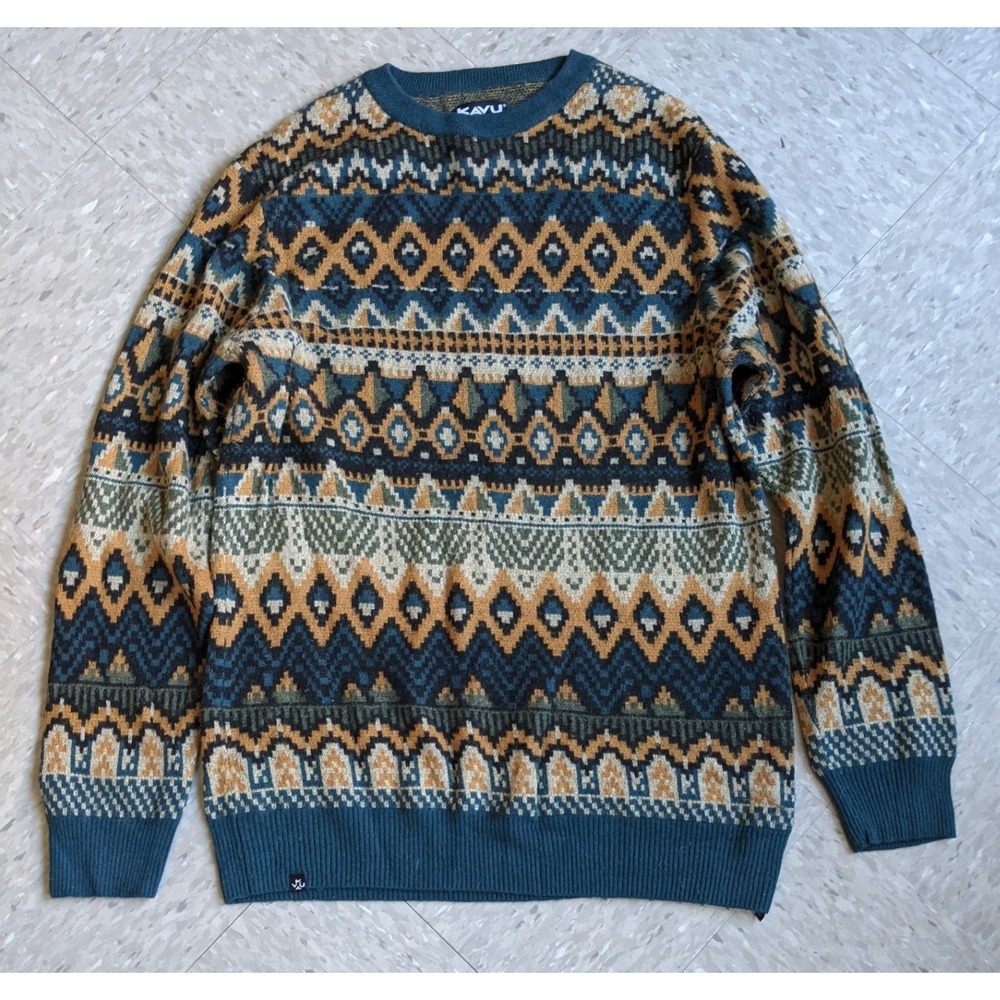 KAVU Mens Merino Alpaca Blend Fair Isle Geometric Sweater Teal Blue Medium